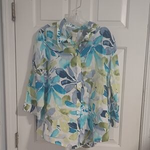Chico's 100% Linen Leaf Print Button Down Shirt